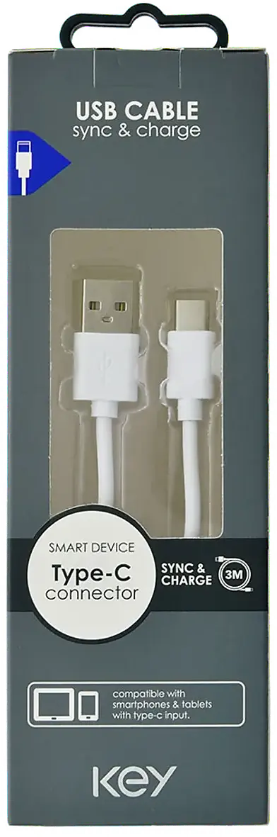KEY POWER laadimiskaabel USB-A to USB-C, valge