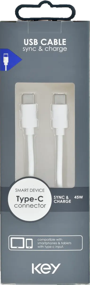 KEY POWER laadimiskaabel USB-C to USB-C 1m, valge