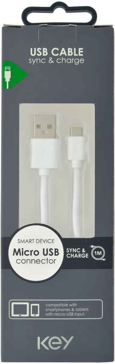 KEY POWER laadimiskaabel USB-A to Micro-USB, valge
