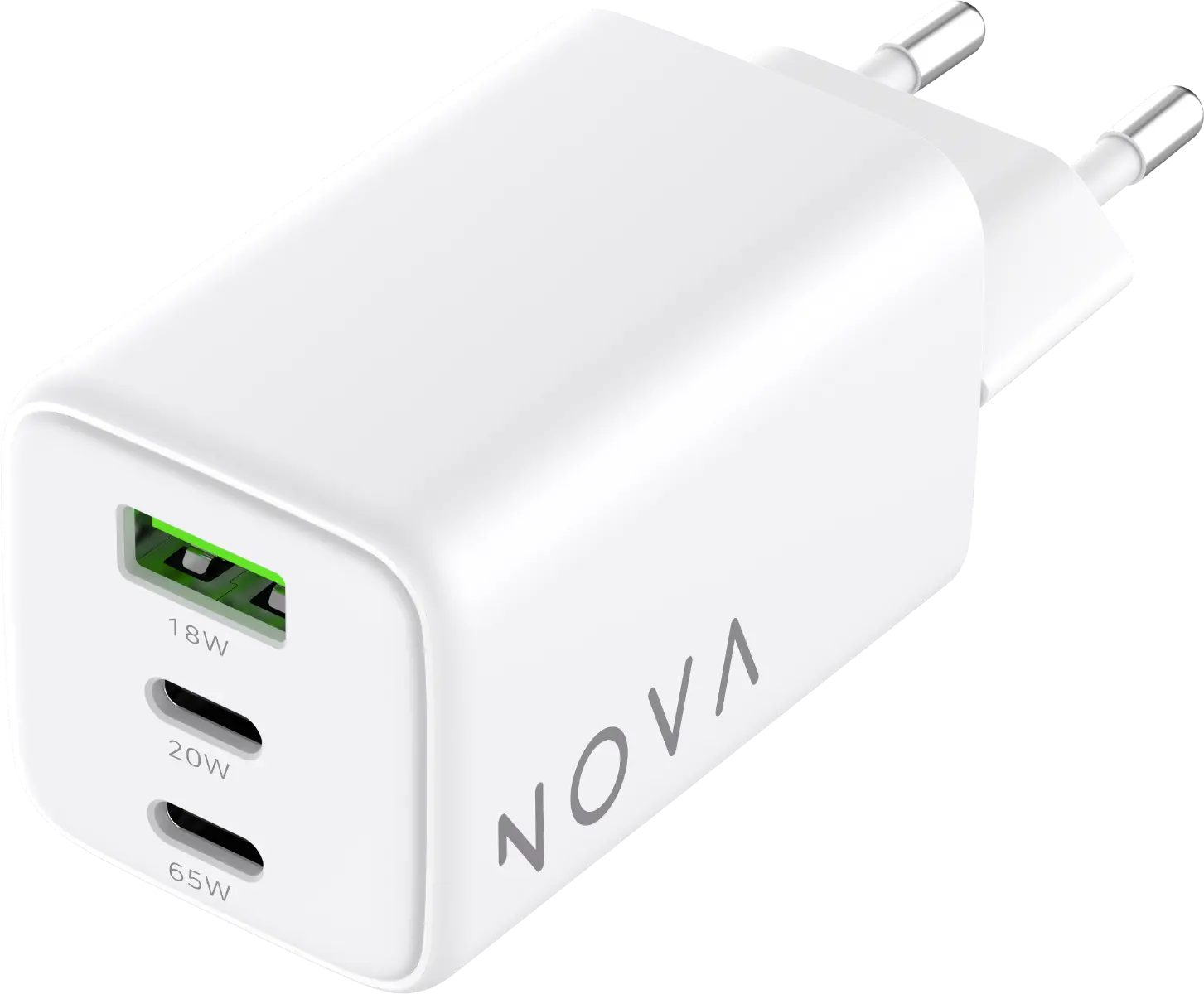 65W adapter (2xUSB-C, USB-A), valge, NOVA