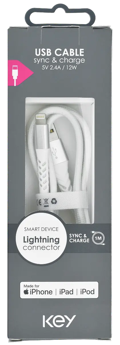 KEY POWER laadimiskaabel USB-A to Ligthning 1m, valge