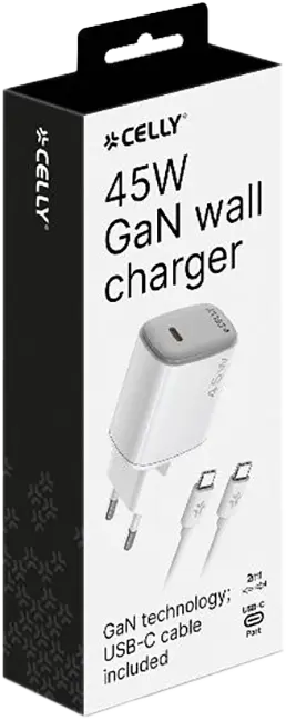 45W adapter + USB-C/USB-C kaabel, 2m,  valge, Celly