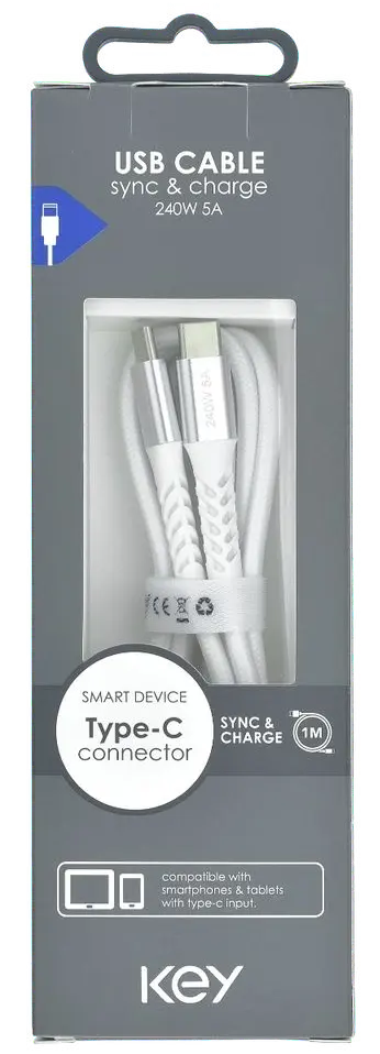 KEY POWER laadimiskaabel USB-C to USB-C, 240W, 1m, valge