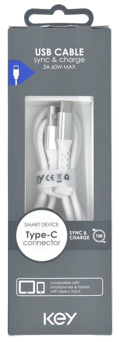 KEY POWER laadimiskaabel USB-A to USB-C, valge