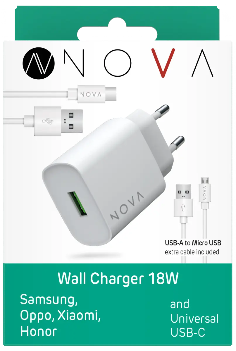 18W adapter + 2 kaablit ( USB-C & Micro-USB ), NOVA
